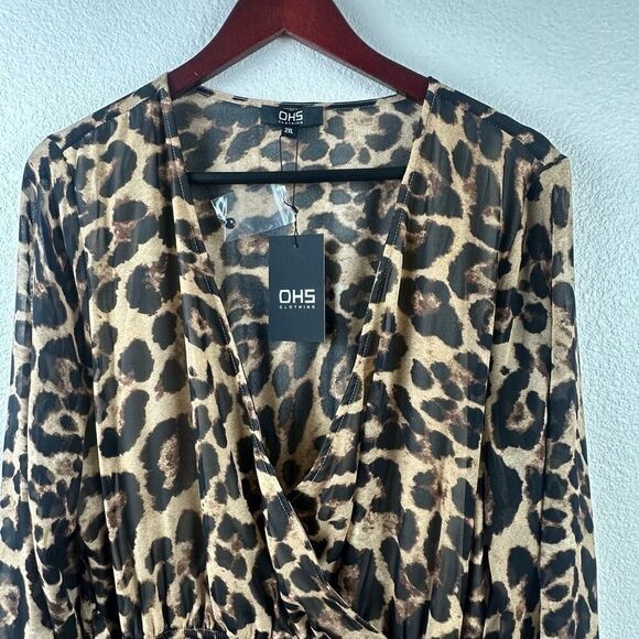 OHS Clothing Women's 2XL Long Sleeve Wrap Front Belted Leopard Maxi Dress Brown - Picture 3 of 14